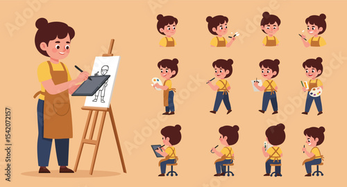 Female Artist Character Set with Painting Tools 2