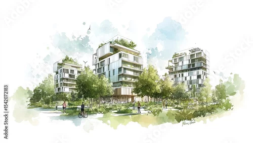 Obraz Watercolor architectural rendering of modern apartment buildings