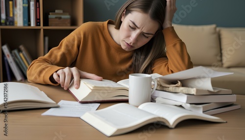 Stressed woman reading and studying with many books at desk in cozy interior.