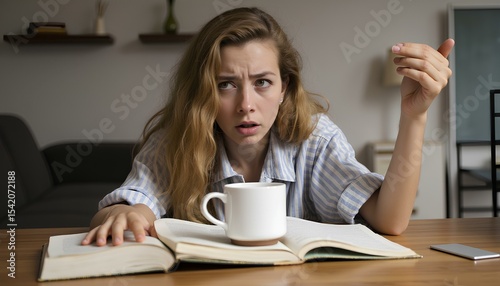 Stressed woman reading and studying with many books at desk in cozy interior.