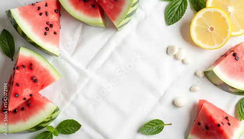 Fresh watermelon slices, lemon halves and mint leaves arranged on white background.
