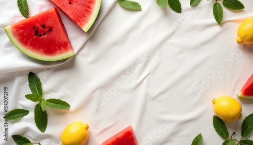 Fresh watermelon slices, lemon halves and mint leaves arranged on white background.