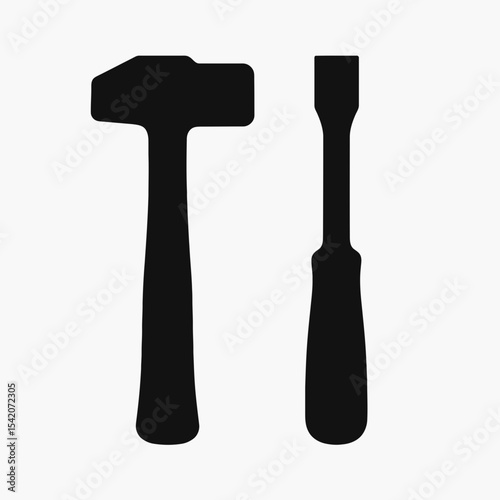 very simple flat and single minimalist Hammer and Chisel Silhouettes in black on a white background