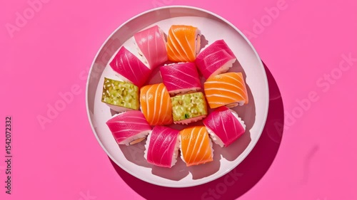 Vibrant sushi platter featuring colorful sushi pieces on a pink background, perfect for food enthusiasts.