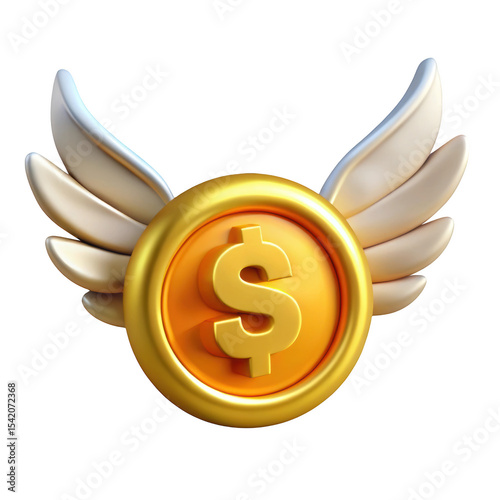 Golden coin with wings 3d render illustration