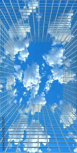 A grid structure opening up to vibrant clouds against a blue sky, highlighting the blend of nature and architecture.