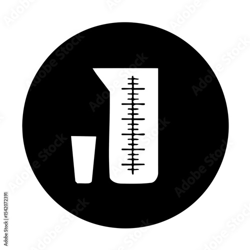 a minimalist black and white vector icon illustration of a measuring cup and glass in a circle shape