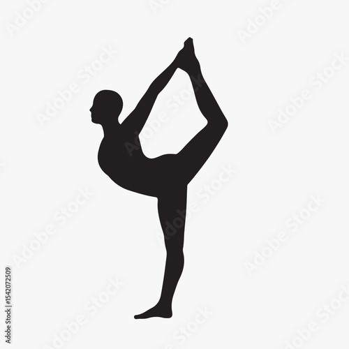 A challenging balancing pose creating a perfect 'T' shape with the body. The silhouette should be a single, straight, horizontal line from the extended heel to the fingertips, balanced on one standing