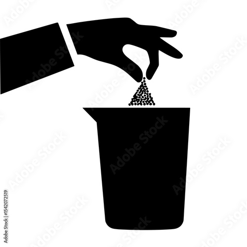 a hand is pouring ingredients into a container in this black and white vector kitchen illustration 