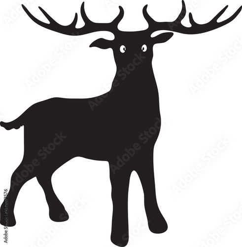 Deer silhouette vector illustration in black and white style showing a wild stag with antlers