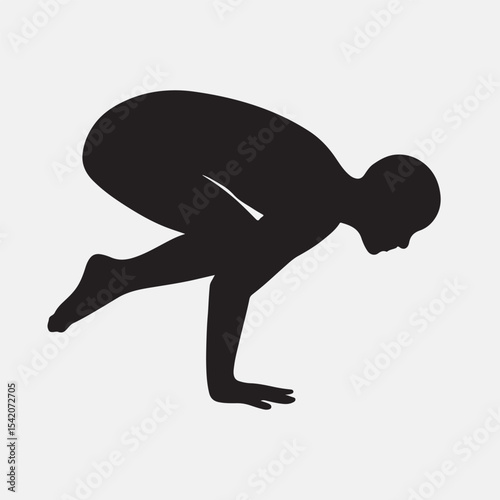 A compact, powerful arm-balance silhouette. The figure is crouched and hovering, with knees resting on the upper arms and feet lifted off the ground. The entire shape is tight, controlled, and low to 