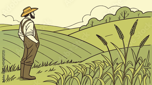 Illustrative vector of a farmer observing his crops in rolling fields, suitable for agriculture marketing and sustainability campaigns