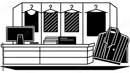 Clean vector illustration of a clothing retail display with a counter and hanging garments, ideal for fashion marketing and store layouts