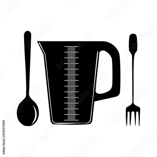a black and white image of a measuring cup, spoon, and fork, perfect for kitchen and cooking themes