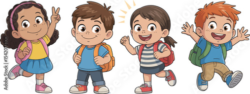 Happy diverse school children with backpacks, excited kids ready for school, cheerful friends going to class, elementary students illustration
