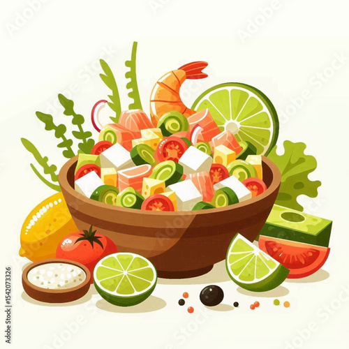 Bowl filled with a vibrant salad surrounded by various fruits vegetables and seasonings