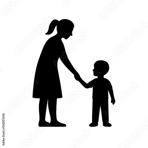 very simple flat and single minimalist Mother  Boy Silhouettes in black on a white background