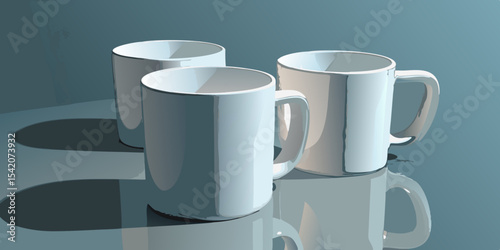 Three white coffee mugs on a reflective surface