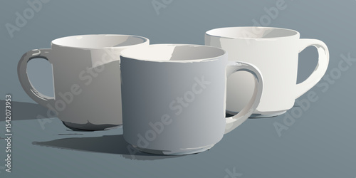 Three white coffee mugs on a gray surface