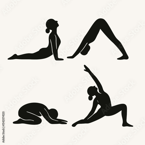 very simple flat and single minimalist Yoga Stretch Silhouettes in black on a white background