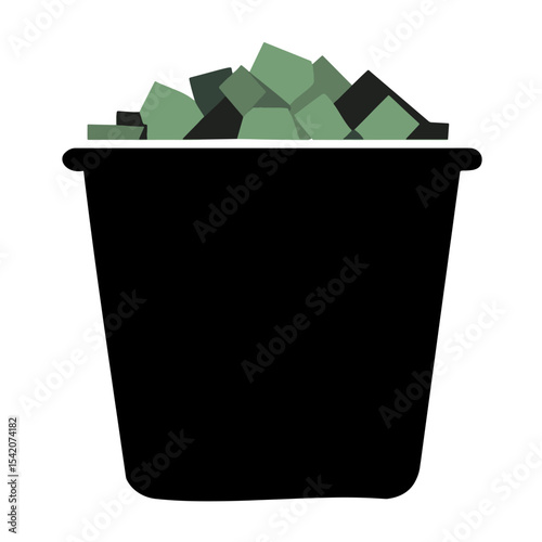 a black trash can is filled with green trash cubes, an illustration of waste management and disposal art