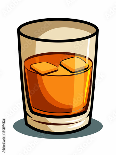 Cartoon illustration of whiskey in a rocks glass