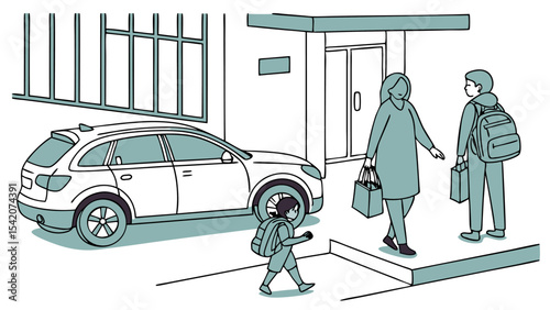 Illustration of a car parked near a building with people arriving and a child walking with a backpack