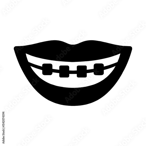 very simple flat and single minimalist Smiling Mouth  Braces Silhouettes in black on a white background
