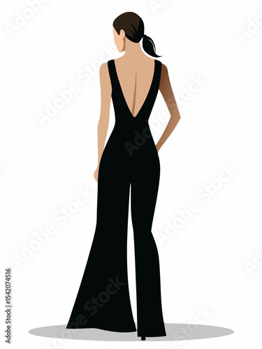 Woman in black jumpsuit back view illustration