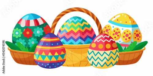 Colorful easter eggs in basket with grass