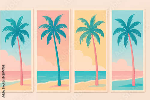 Four palm trees stand on a beach, framed by a stunning sunset sky.