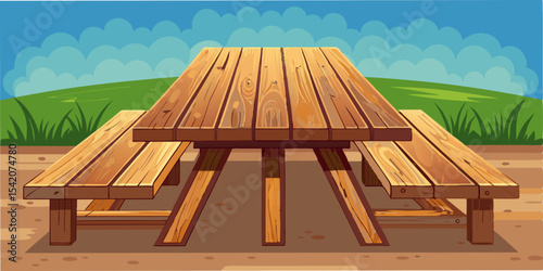 Wooden picnic table outdoors in sunny meadow