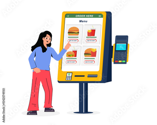 female customer uses a self-service kiosk to order at a fast food restaurant automated machine and electronic payment vector illustration