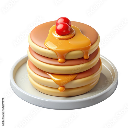 Delicious stack of pancakes with syrup and cherries