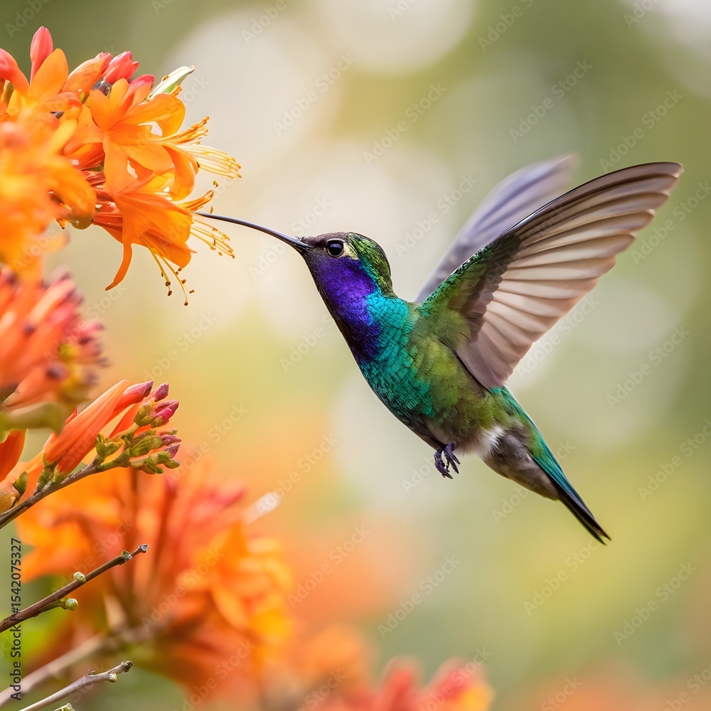 Obraz premium Colorful Hummingbird Feeding on Orange Flowers in Mid-Flight with Blurred Background
