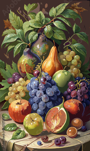 Vibrant autumn fruit still life painting