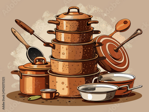 Vintage copper cookware stack and utensils