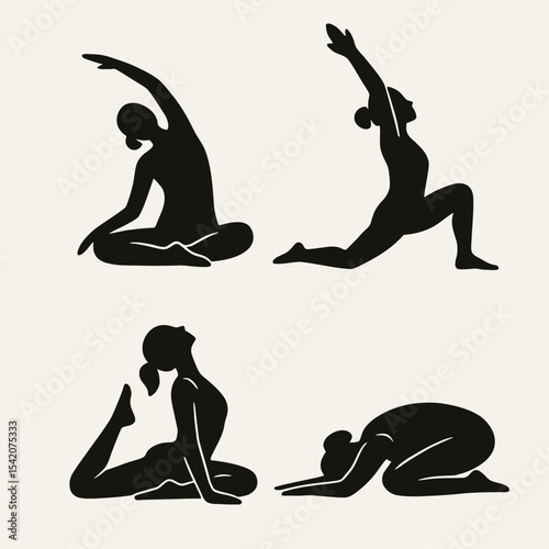 very simple flat and single minimalist Yoga Stretch Silhouettes in black on a white background
