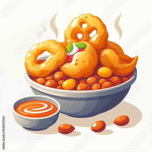 Bowl of fried rings  fritters atop orange beans side of dipping sauce 3 fallen beans