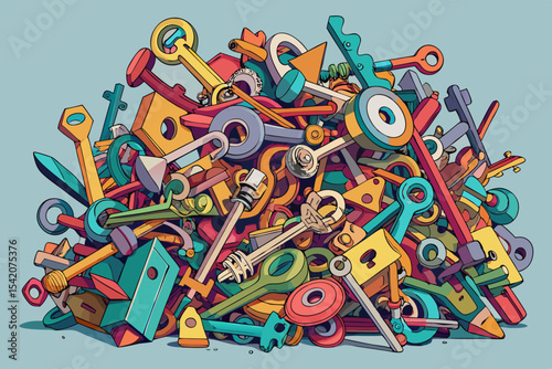Colorful abstract pile of keys and mechanical parts