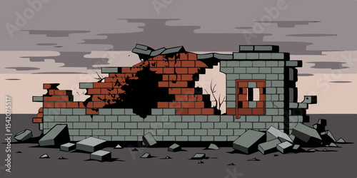 Ruined brick building exterior after destruction