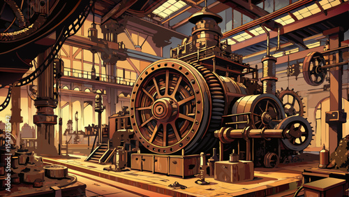 Grand industrial gearworks in a steampunk factory