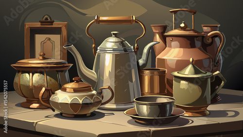 Still life with antique tea and coffee pots