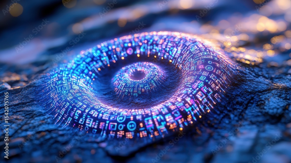 Naklejka premium Digital Spiral Pattern with Neon Colors on Textured Surface