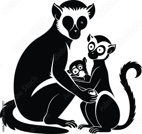 Black and White Lemur Family Illustration: Mother, Baby, and Child Animal Art Print