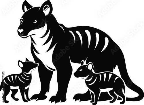 Tasmanian Devil Family Vector Illustration: Mother and Cubs in Black and White Graphic Style