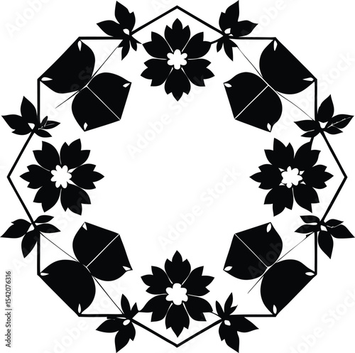 Black & White Floral Octagon Frame Vector Graphic: Decorative Flower Wreath Design Element
