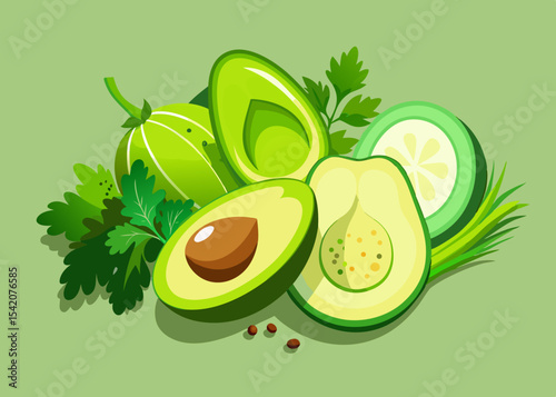 Fresh green avocados gooseberries and herbs
