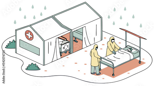 Illustration of a medical tent with staff in hazmat suits tending to a patient on a hospital bed outside