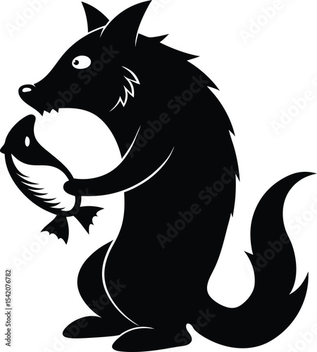 Cartoon Black Wolf Holding Fish Illustration, Vector Graphic, Animal Mascot Design